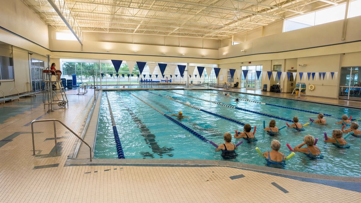 An indoor short-course swimming pool with lane lines inside a bright natatorium at the Mary Jo Peckham Aquatic & Fitness Center in Katy, Texas