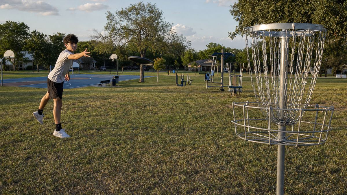A player throwing a disc toward a metal disc golf basket on an open grassy lawn at Mary Jo Peckham Park in Katy, Texas