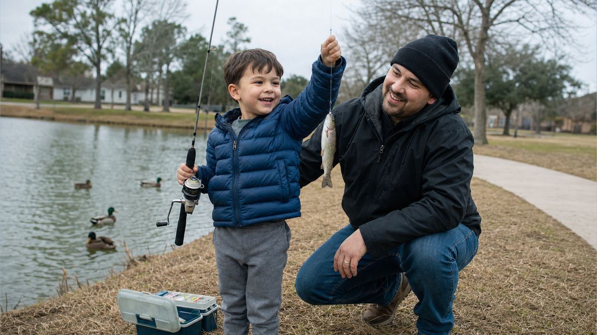 A child holding up a rainbow trout beside a parent on the grassy bank of the fishing lake at Mary Jo Peckham Park in Katy, Texas