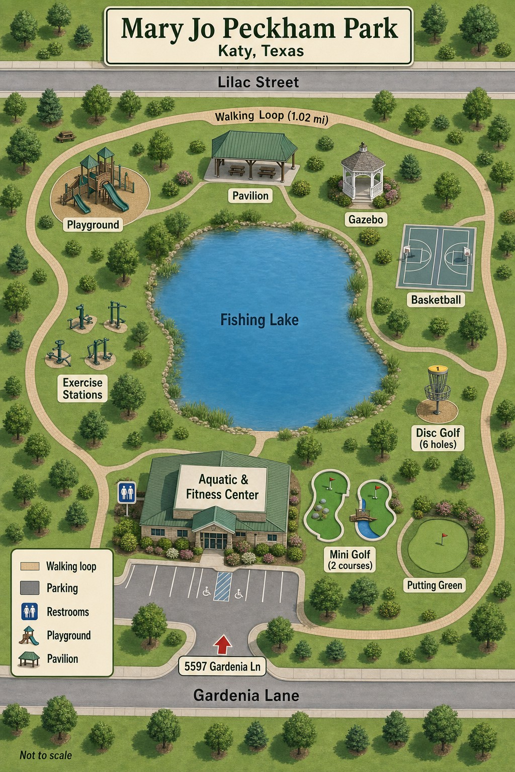 Map of Mary Jo Peckham Park showing the Aquatic & Fitness Center, two mini golf courses, the fishing lake with its walking loop, the playground, pavilion, gazebo, disc golf course and basketball courts