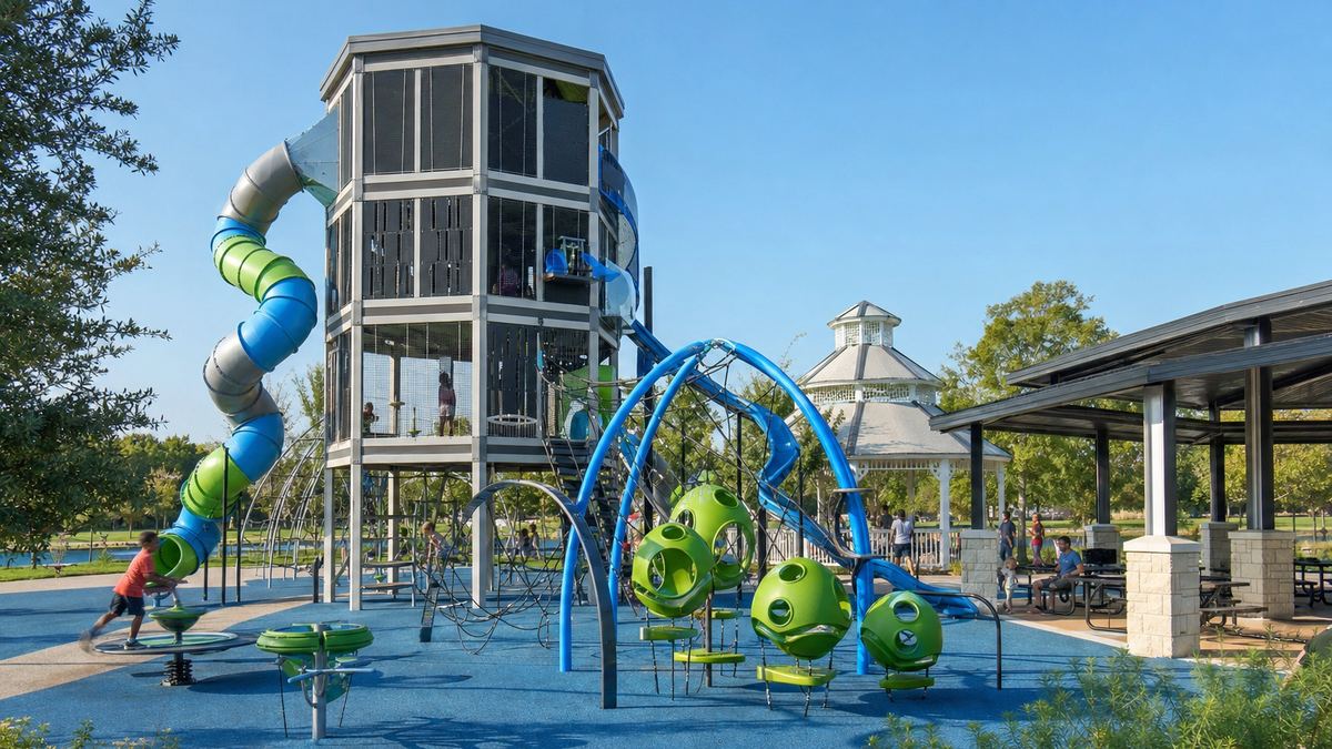 Children climbing a tall, multilevel playground tower with slides over rubber surfacing at Mary Jo Peckham Park in Katy, Texas