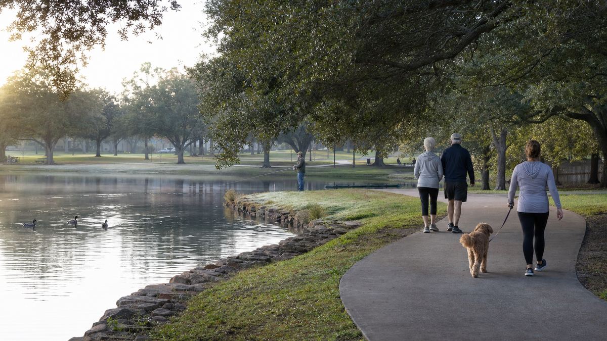 A paved walking path curving along a small lake with ducks and shade trees at Mary Jo Peckham Park in Katy, Texas